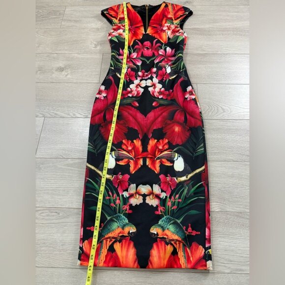 TED BAKER Bismii Toucan Print Multicolor Tropical Black Bodycon Midi Dress - Picture 13 of 14